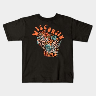 Wisconsin State Design | Artist Designed Illustration Featuring Wisconsin State Filled With Retro Flowers with Retro Hand-Lettering Kids T-Shirt